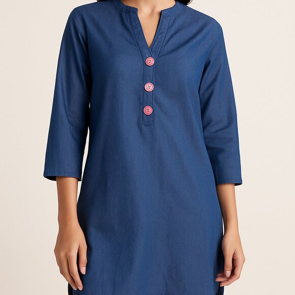 Guadalupe Designs Chambray Cotton Dress Pink Buttons Embroidered Tassel Back  M - Picture 1 of 7